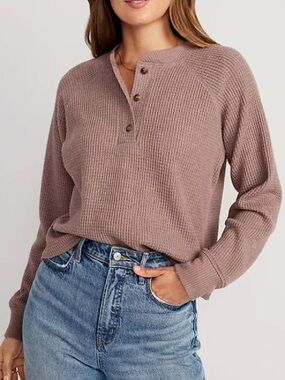 OLD NAVY Women’s Waffle Knit Henley Top Dusty Mauve - Size M- Long Sleeve Cozy